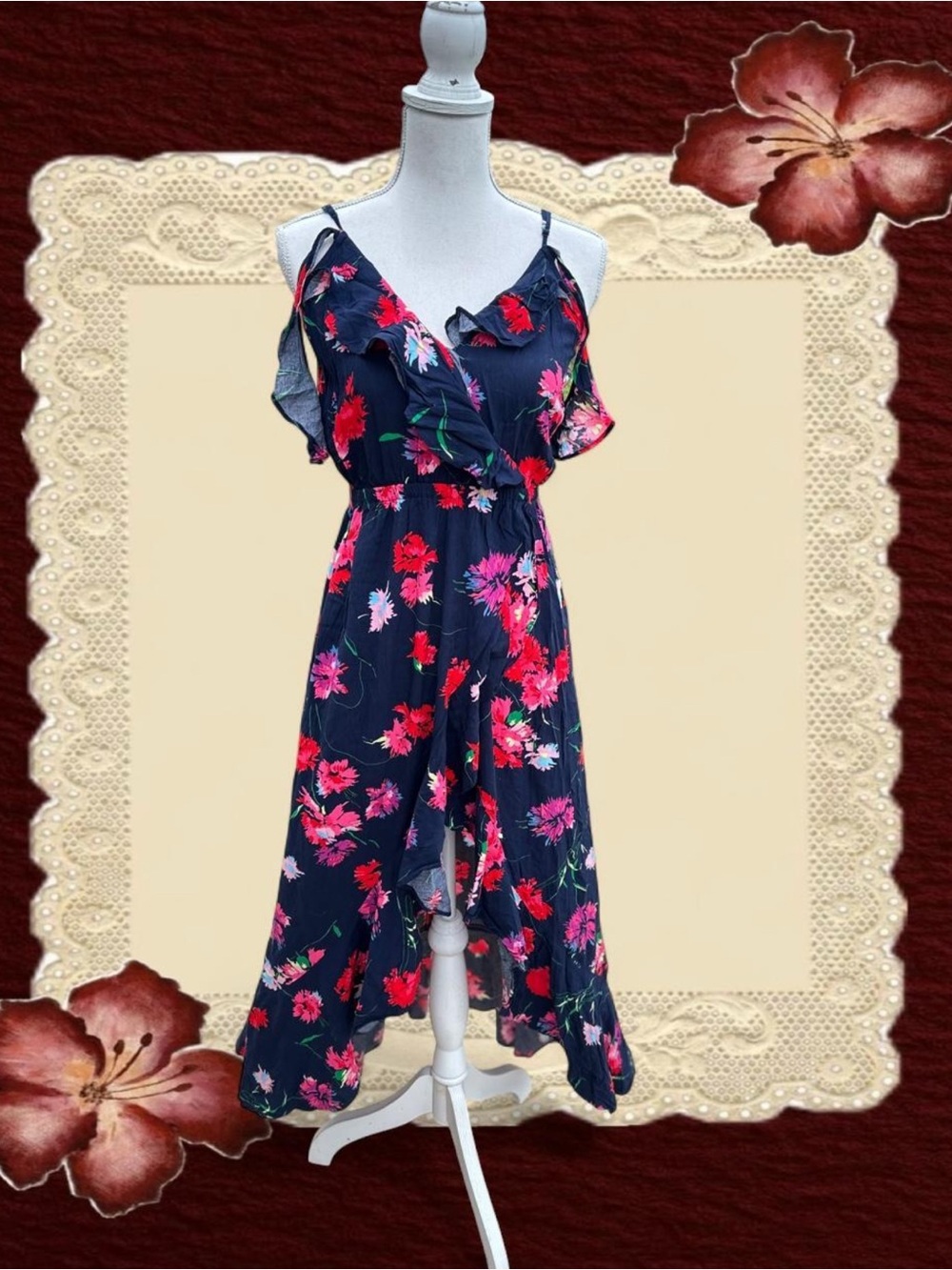 Navy Floral Ruffle Cold-Shoulder Midi Dress